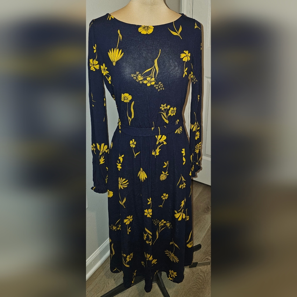 Boden Evelyn  Navy Blue  Long Sleeve Floral Jersey Midi Dress Pockets Size 4
